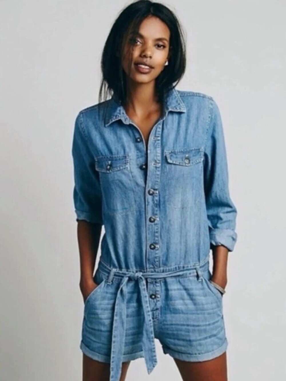 Free People 100% Cotton Denim Long Sleeve 3" Rivet Romper - Size - Small